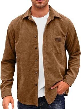 Comdecevis Men's Brown Rust Button Down Collared Corduroy Long Sleeve Shacket-Lg